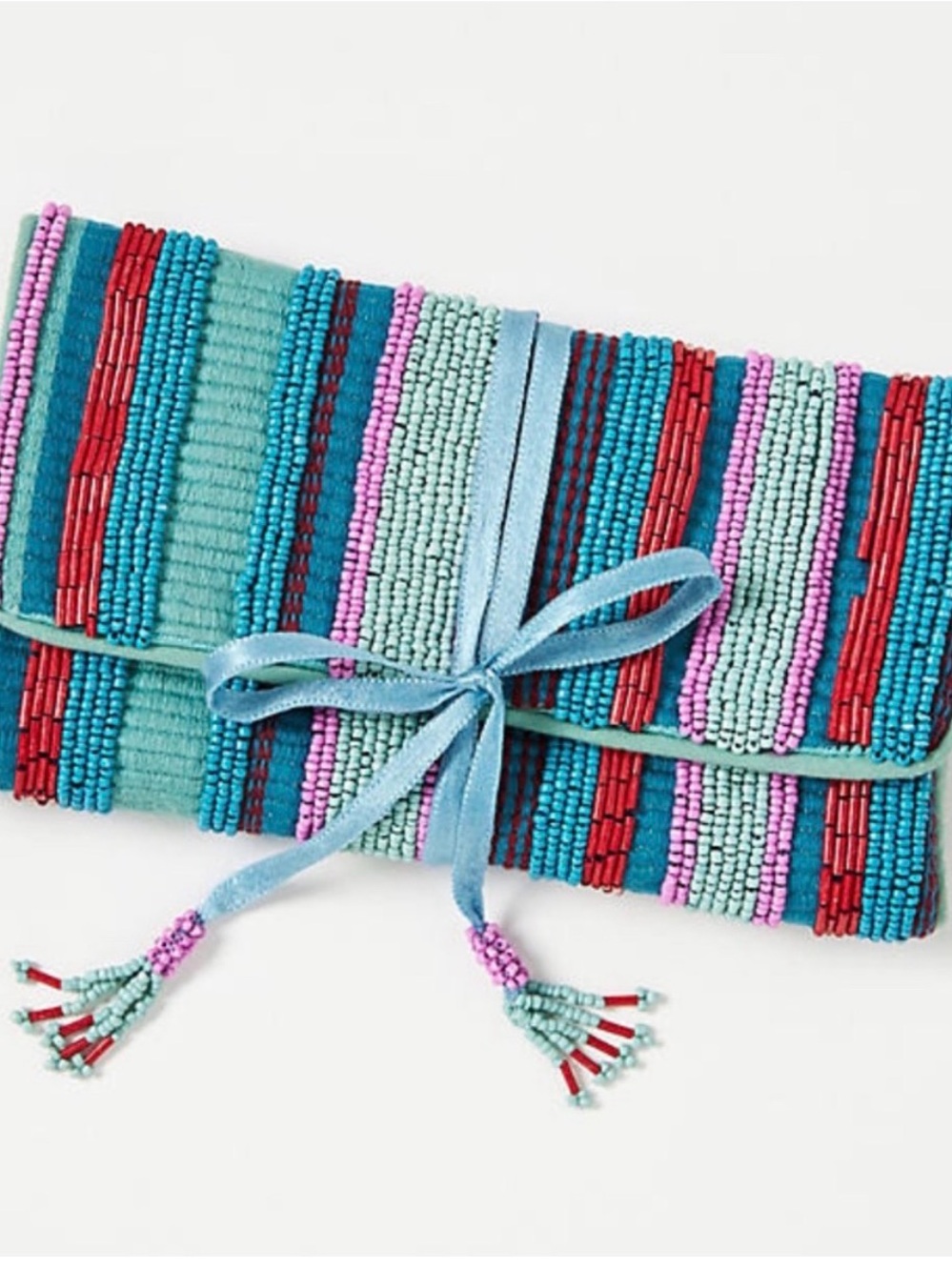 Anthropologie Beaded Foldover jewelry clutch in Aqua, Teal, Red, Pink